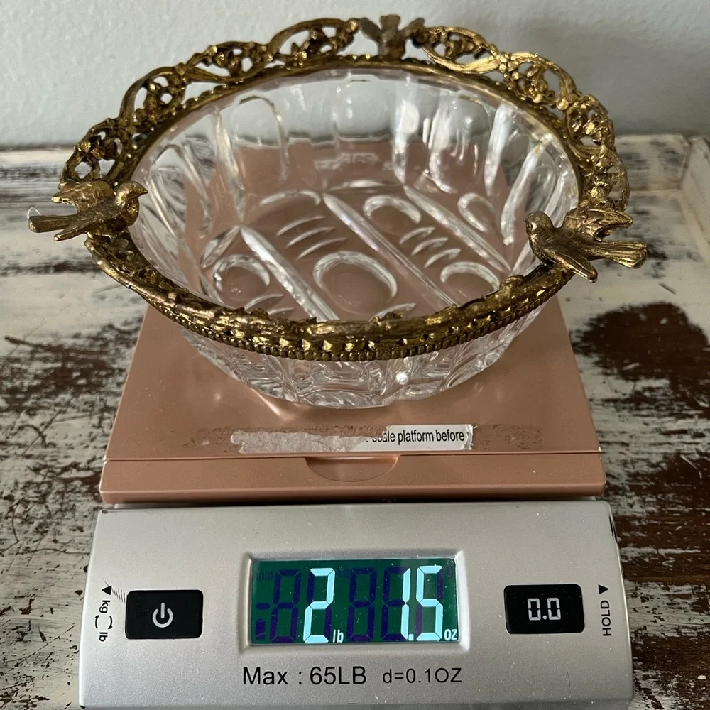 MCM Hollywood Regency Gold Gilt  Birds Vintage Bowl  Trinket Dish Cut Glass Rare - Picture 8 of 8